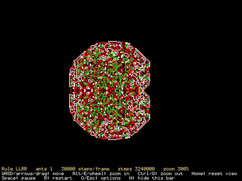 AntJumper: a dense red, green and white pixel pattern grown by an ant with the rule LLRR, zoomed in, with the controls at the bottom