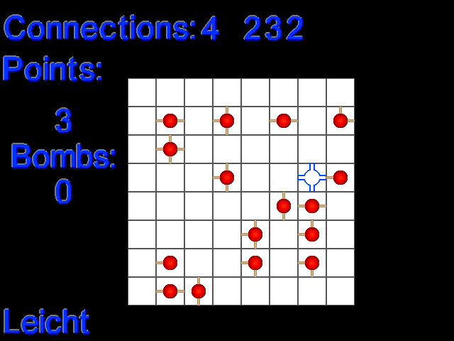 Atome: an 8x8 grid with red atoms and their bonds, points and bombs on the left