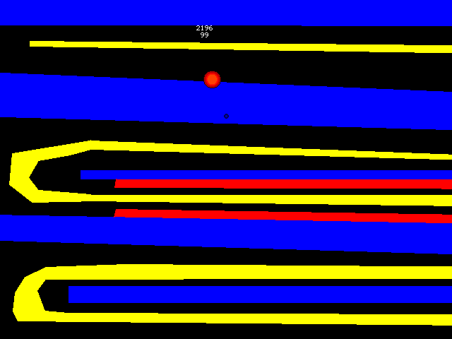 Baller: a red ball rolls through a maze of blue walls, yellow tracks and red death zones