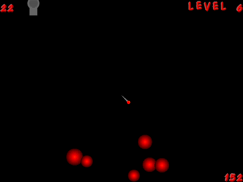 Ballkill: red balls rising from the bottom, a pin cursor and a hair-dryer at the top