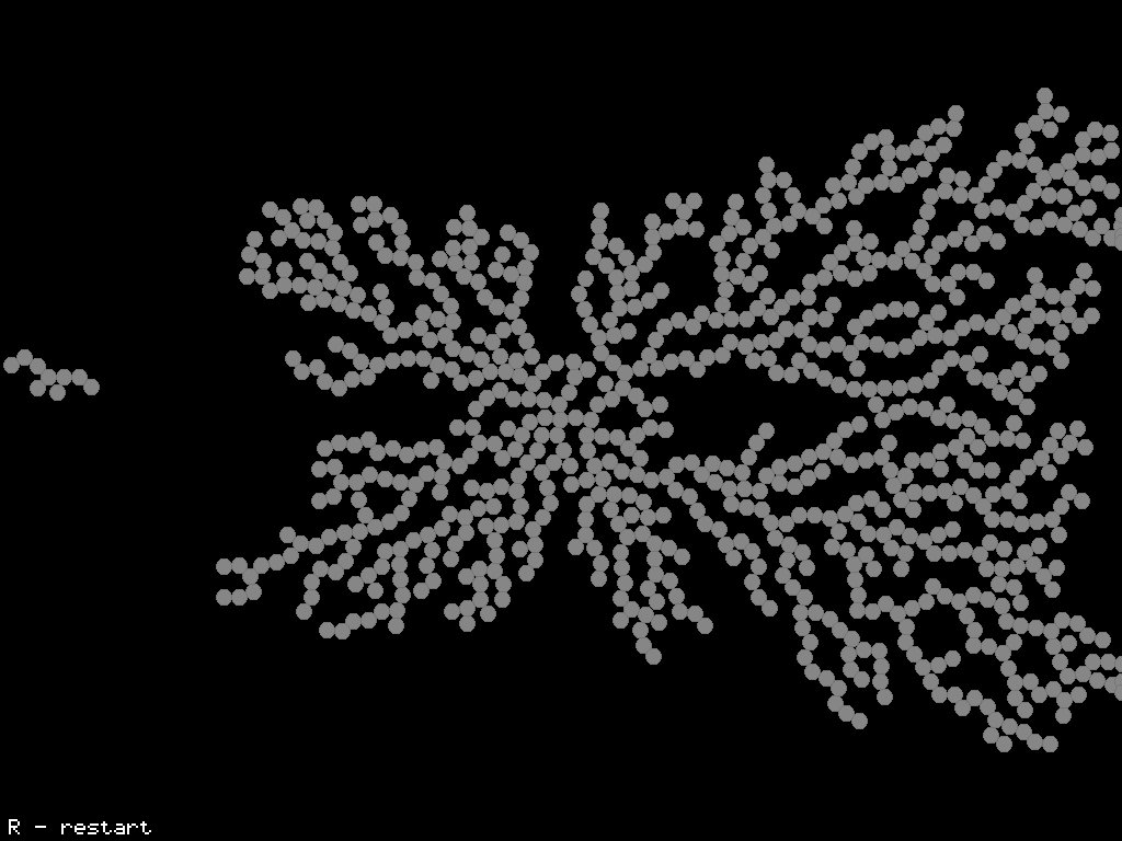 Balls: a branching grey tree of stuck balls grown from the centre, lopsided to the right