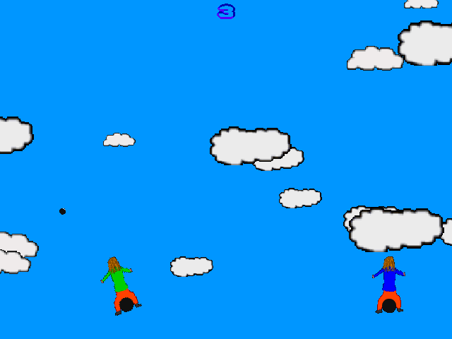 Canonball Riding: two riders balance on cannonballs in a blue sky full of clouds