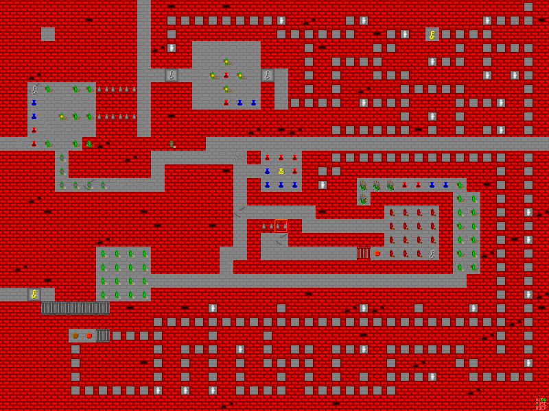 Castedit: a Castle room in the editor, red brick walls and grey floors with potions, keys, monsters and secret-passage markers
