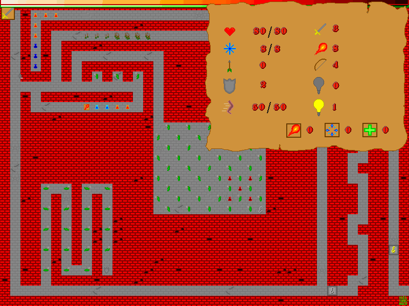 Castle: a red-brick castle maze full of orks, potions and keys, with the hero's stats parchment open