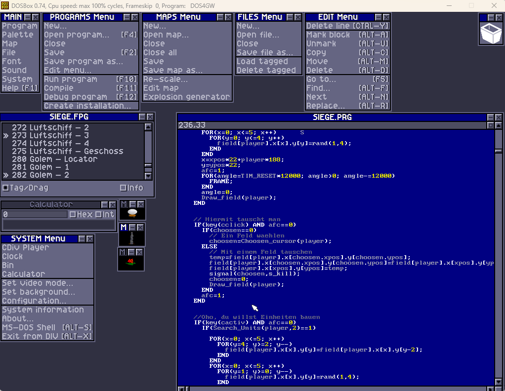 DIV Games Studio in DOSBox: menus at the top, the graphics list of SIEGE.FPG on the left and the source code of SIEGE.PRG in a blue editor window on the right