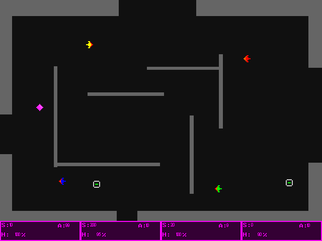 GigaMaze: four small coloured ships in a grey maze with a pink diamond and weapon pickups, score panels below