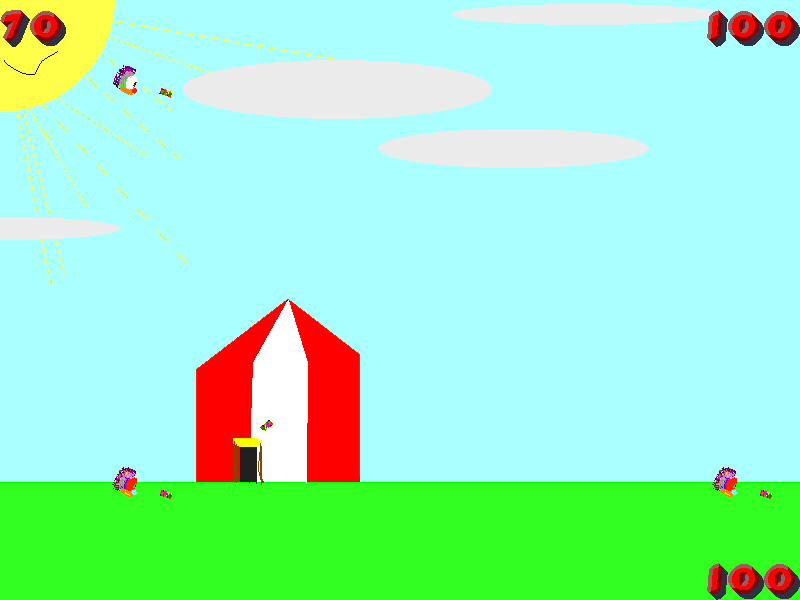 Hatsch1: small flying creatures over a meadow with a red-and-white tent, a smiling sun and life counters in the corners
