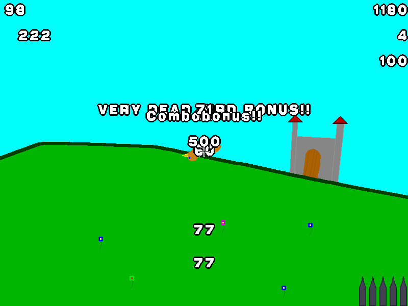 Huhnshot: a chicken flies over a green hill next to a castle ruin, with combo bonus texts and the shell magazine