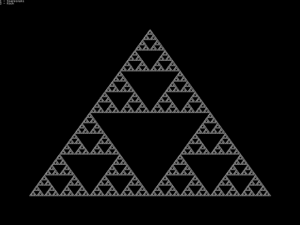 Kochkurve: a large white Sierpinski triangle made of pixels on black, with the menu '1 - Sierpinski, 2 - Koch' in the corner