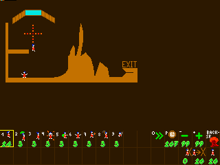Lommings: a brown cave level with an entrance hatch, a rocky spire and the exit, with the skill panel below