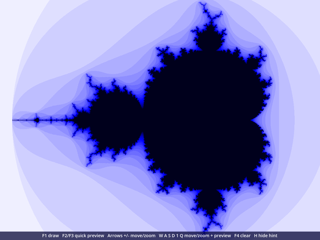 Mandelbrot: the dark Mandelbrot set with bright blue edges on bands of pale lilac