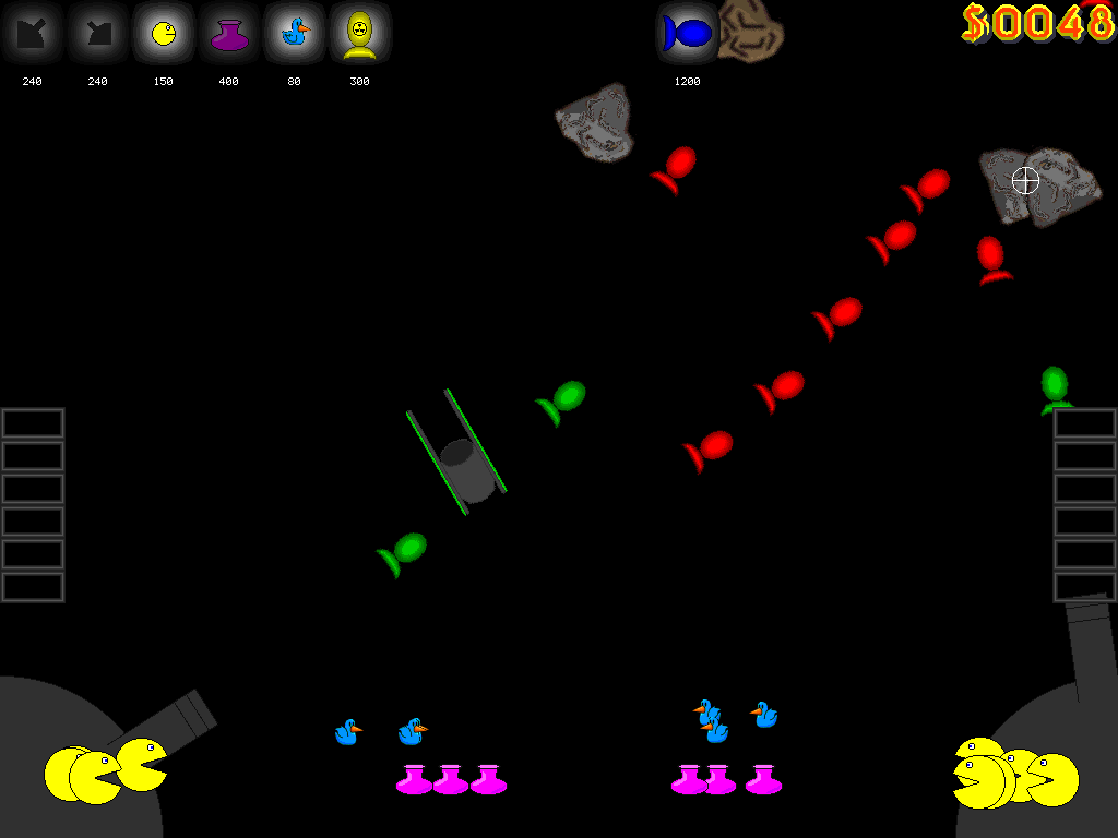 Minicosm gameplay: rockets fly at meteors above the Duks and two corner cannons