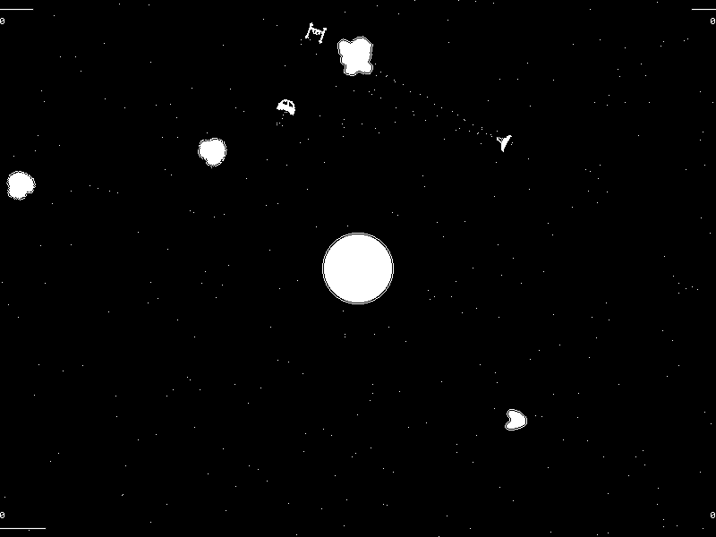 Miniship: small ships and asteroids circle a white planet in black space
