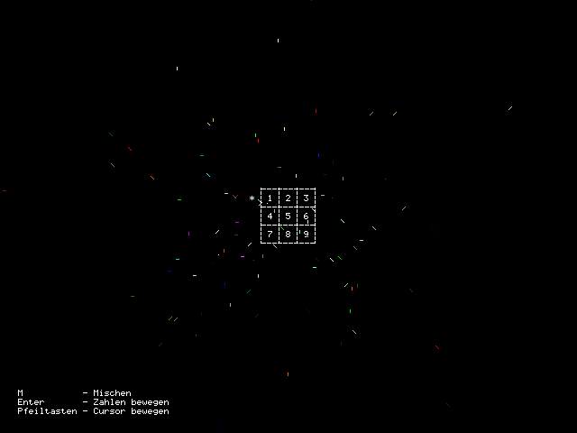 Rubik: a 3x3 grid of the numbers 1 to 9 surrounded by a swarm of coloured dots