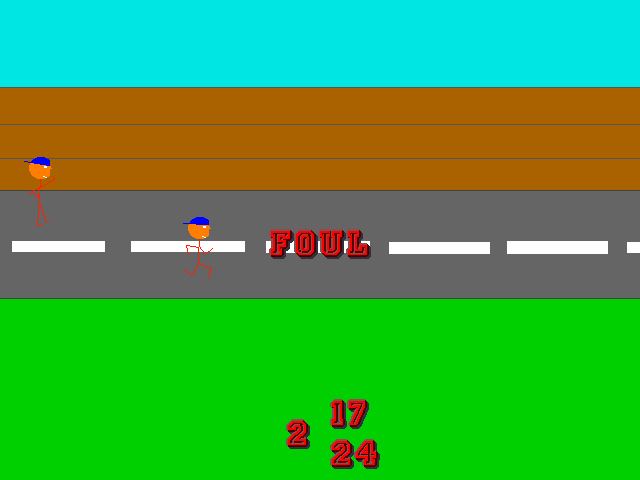 Runner: two stick-figure sprinters on a track, one marked FOUL, with the race clock below