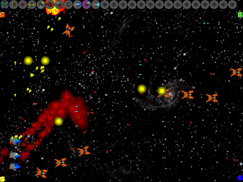 S-Type: three ships fire into a field of orange enemy fighters over a starry background