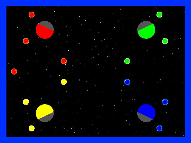 Ship Duel: four round coloured ships in the corners of a blue-walled starfield arena, firing shots