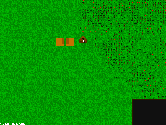 Siedler: a green meadow with a forest on the right, a wooden house, two orange building sites and tiny settlers, with a minimap in the corner