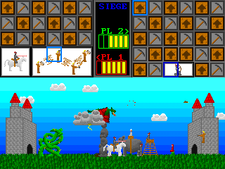 Siege: two castles with element-tile fields above them and armies clashing in between