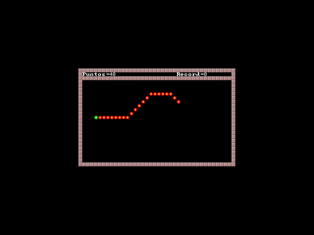 Snake: a red worm with a green head inside a brick frame, with score and record at the top