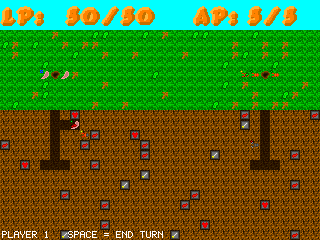 WormBattleWarriors: worms on a grass layer above brown earth with tunnels, leaves and stones